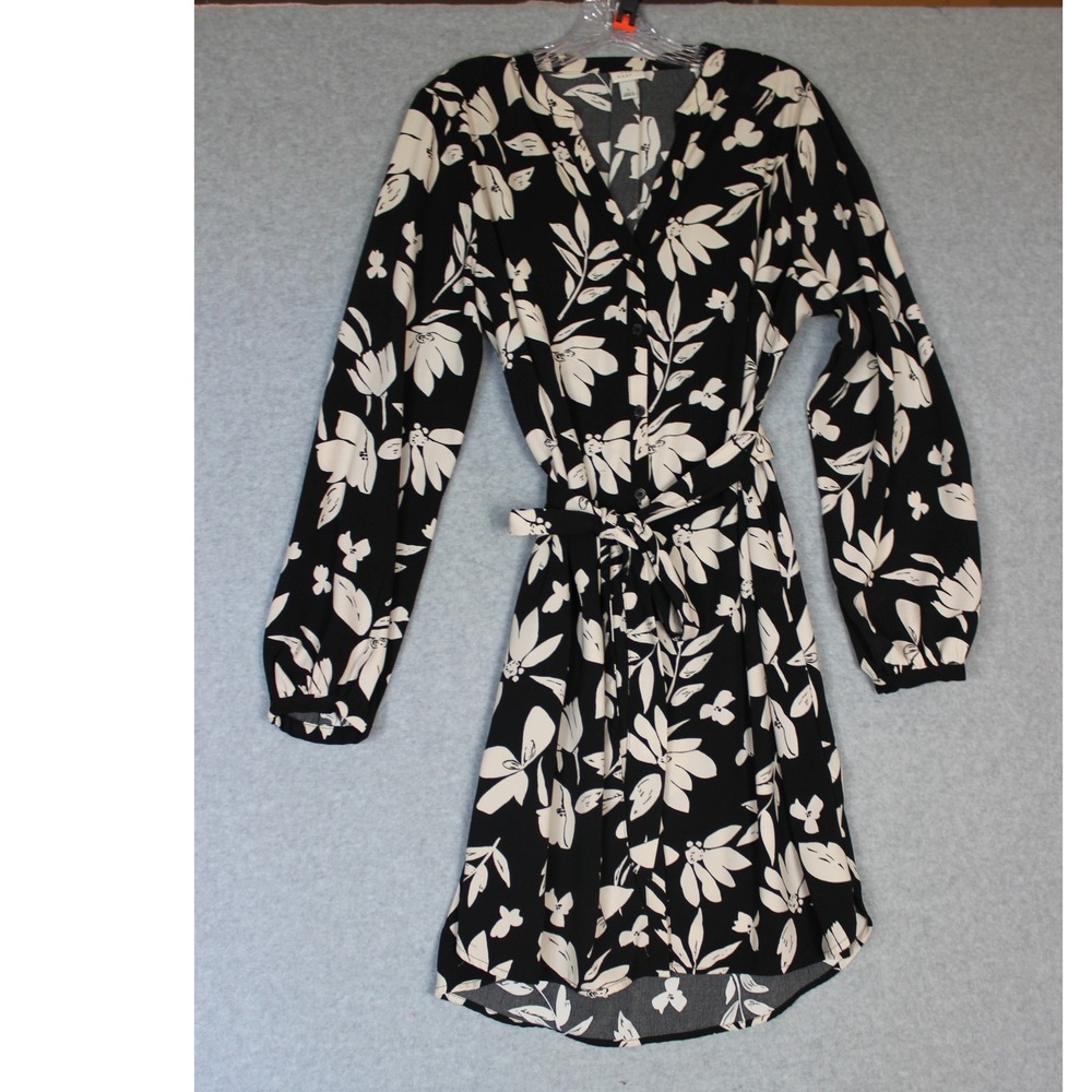 A New Day‎ Floral Print Dress Long Sleeve V Neck with Belt Black Size L